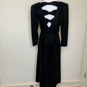 Lanz Black Velvet Bow Back Vintage Dress Sz 12 Medium